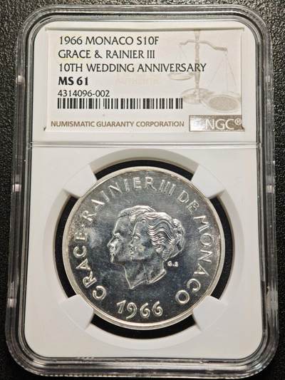 【德藏】世界币章拍卖第164期（拍品征集中~欢迎藏友联系） - 1966年 摩纳哥查理三世结婚十周年10法郎纪念银币 NGC MS61