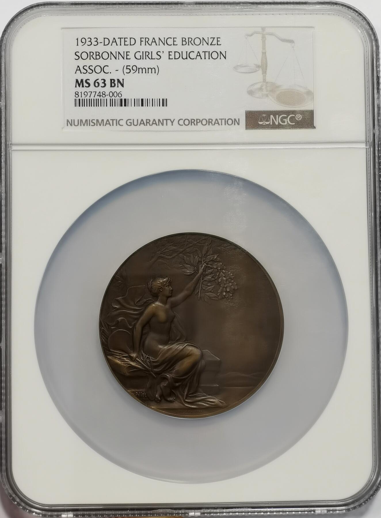 博洋堂“心向春光”2月精品大拍专场暨第160期（全场包邮） NGC MS63BN 法国1933年索邦大学女子教育协会铜章，59mm