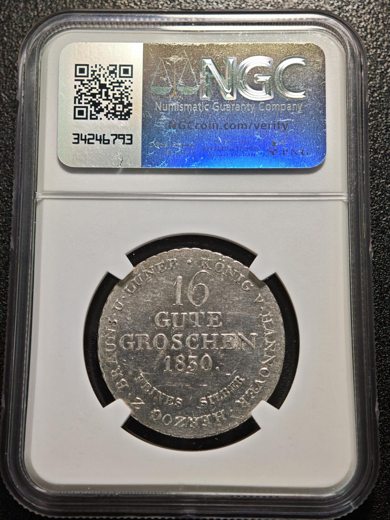 【德藏】世界币章拍卖第164期（拍品征集中~欢迎藏友联系） 1830年 德国汉诺威16古特格罗申银币 NGC UNC