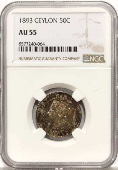 博洋堂“心向春光”2月精品大拍专场暨第160期（全场包邮） - NGC AU55 英属锡兰1893年维多利亚像50分，非常漂亮的彩色包浆，凑品种专用