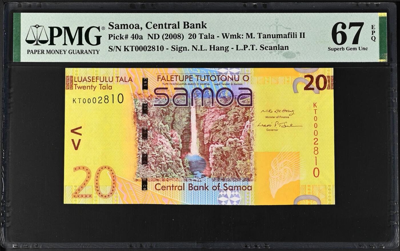 《艾美收藏》第231期-2.8周日外币精品(春节前收官)-世界最佳纸币特辑 萨摩亚2008年首发年初版首发KT冠20塔拉PMG67E亚军分超靓千位2810号，难上分品种 冠军68分仅6张，漂亮的齿嘴鸠，08年IBNS获奖钞 Pick#40a