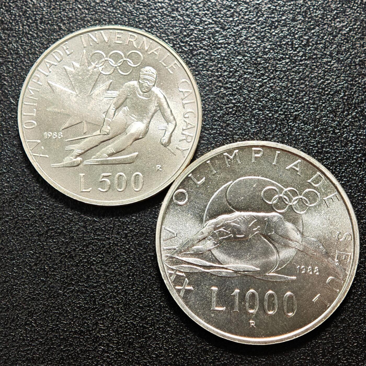 【德藏】世界币章拍卖第164期（拍品征集中~欢迎藏友联系） 1988年 圣马力诺第5届卡尔加里奥运会500、1000里拉纪念银币 835银 详细尺寸请看拍品介绍