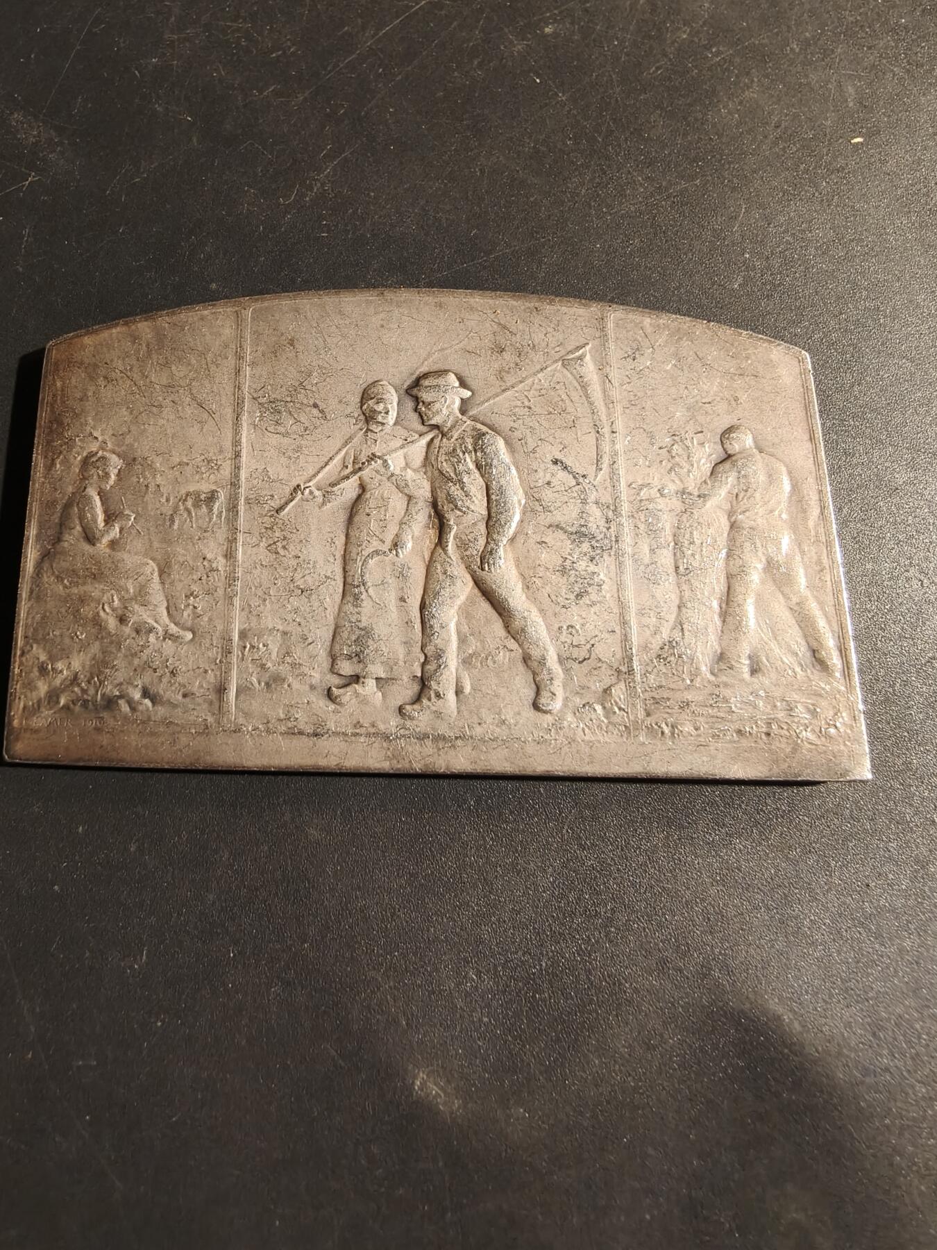 老王徽章第180期 法国塞纳瓦兹省农业办公室方形镀银大铜章    带盒子     尺寸80×50mm     重量111.2g