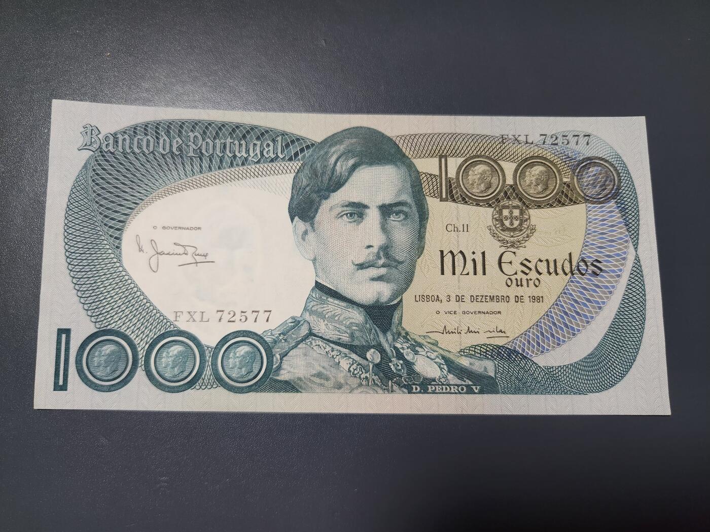 2月6号晚上8点 外国纸币自动截拍第19场 葡萄牙1000埃斯库多纸币 1968-1982年版 佩德罗五世 极美品