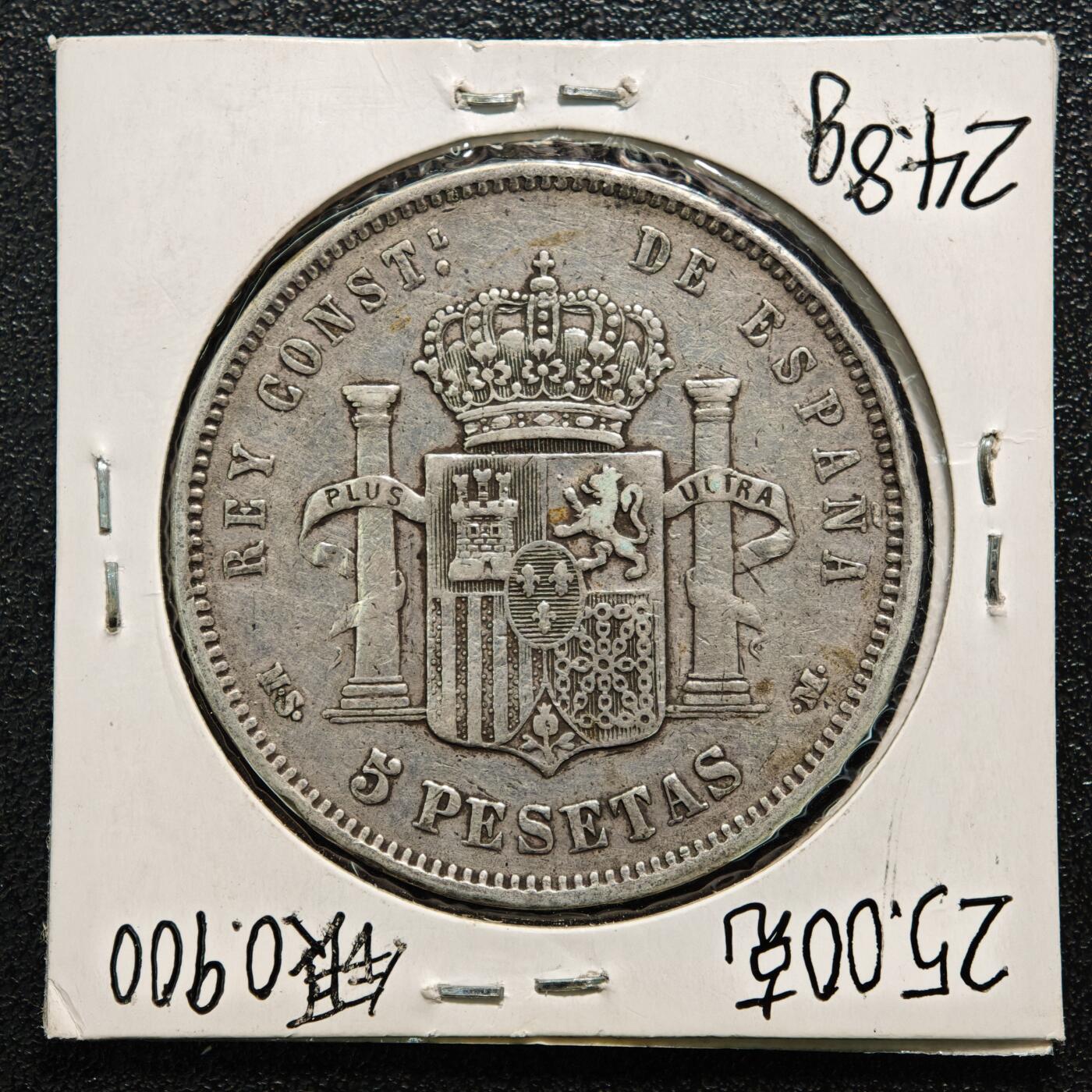 【德藏】世界币章拍卖第164期（拍品征集中~欢迎藏友联系） 老藏家集藏系列之-1885年 西班牙5比塞塔银币 900银 直径约：37mm；重约：25g 入册20余年·附有当年购入价