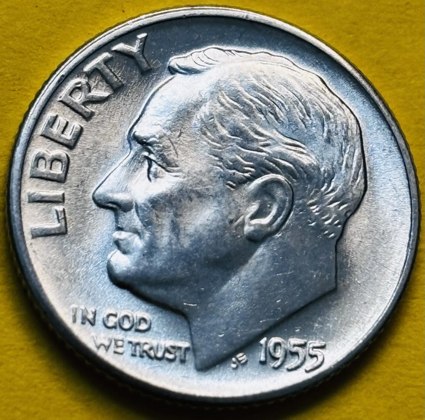 文馨钱币收藏第 293 场，春节前最后一期全部发出，将不予寄存，请悉知 原光好品 1955 年美国罗斯福 10 美分银币 D 版 2.5 克 900 银