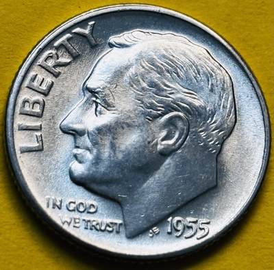 文馨钱币收藏第 293 场，春节前最后一期全部发出，将不予寄存，请悉知 - 原光好品 1955 年美国罗斯福 10 美分银币 D 版 2.5 克 900 银