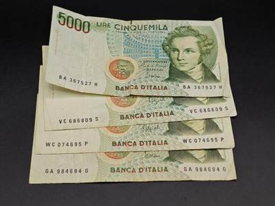 【淘币小摊】实时拍第八百六十四拍   无佣金纸币福利场   年前最后一周 之前的预留小年前全部发出 请更换最新收货地址  - 意大利5000里拉纸币4张【有折】