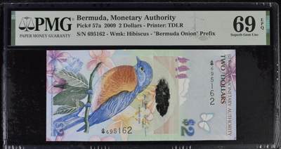 《艾美收藏》第231期-2.8周日外币精品(春节前收官)-世界最佳纸币特辑 - 百慕大2009年首发年初版首发洋葱冠2元PMG69E全球唯二冠军分无347 蓝鸟，09年IBNS获奖钞 Pick#57a