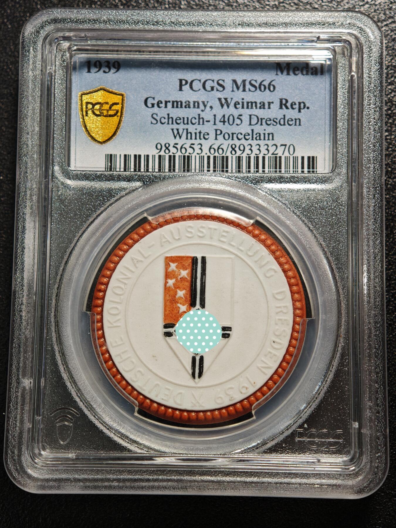 【德藏】世界币章拍卖第164期（拍品征集中~欢迎藏友联系） 唯一冠军分！1939年 德国民族社会主义工人党守卫德雷斯顿万字3色陶瓷纪念章 PCGS MS66 状态极佳 难得一见（原图请联系客服，或查询评级公司官网）