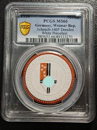 【德藏】世界币章拍卖第164期（拍品征集中~欢迎藏友联系） - 唯一冠军分！1939年 德国民族社会主义工人党守卫德雷斯顿万字3色陶瓷纪念章 PCGS MS66 状态极佳 难得一见（原图请联系客服，或查询评级公司官网）