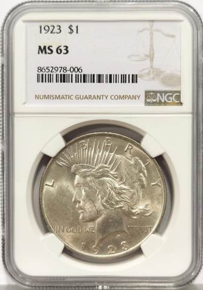 博洋堂“心向春光”2月精品大拍专场暨第160期（全场包邮） - NGC MS63 美国1923年和平银币，卷尾彩，卷拆极美转光好品。