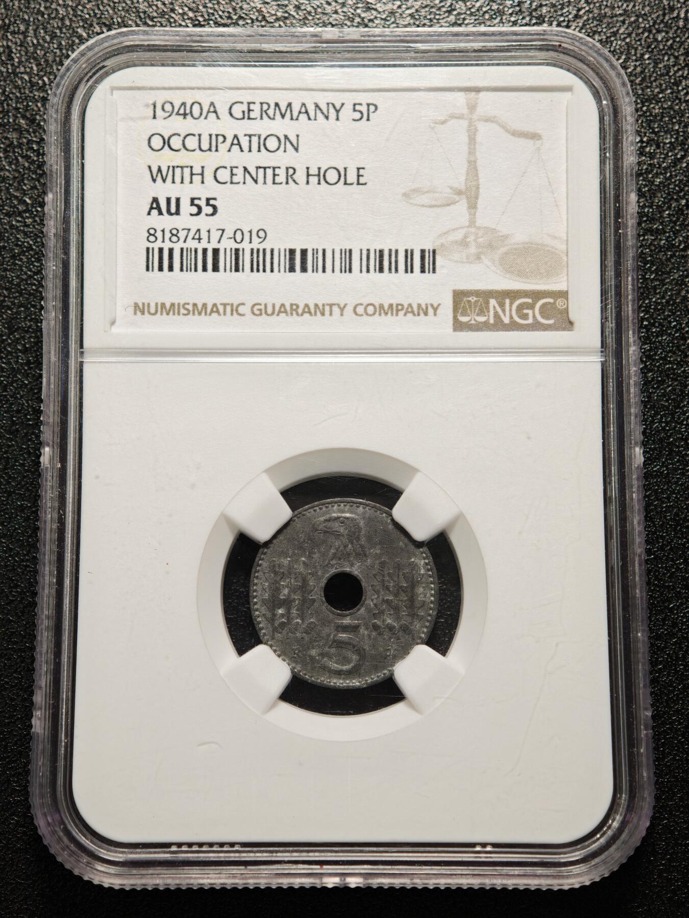 【德藏】世界币章拍卖第164期（拍品征集中~欢迎藏友联系） 1940年 德国民族社会主义工人党中孔5芬尼锌币 NGC AU55（原图请查询NGC官网）