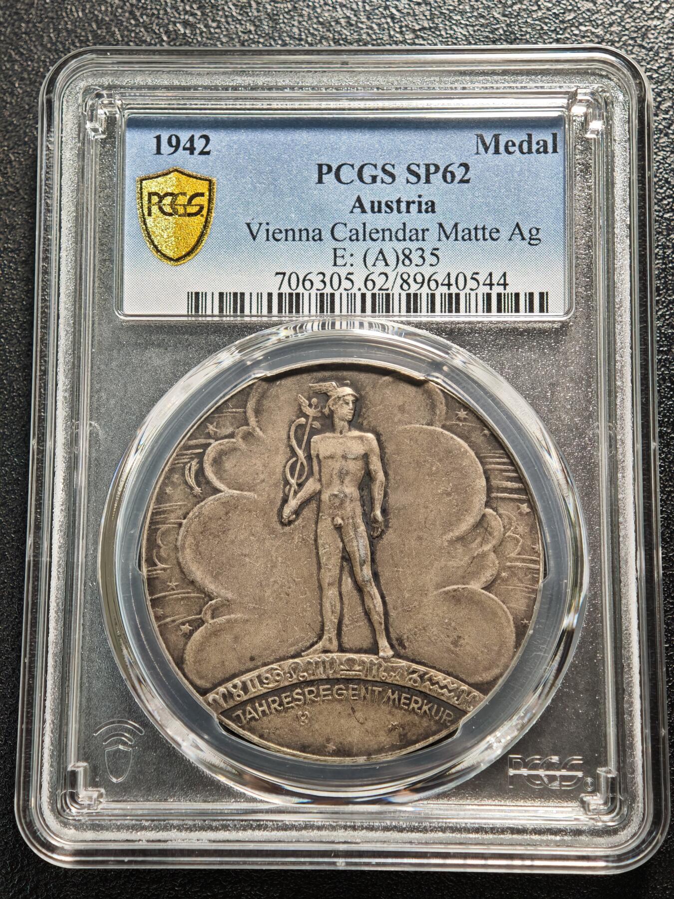 【德藏】世界币章拍卖第164期（拍品征集中~欢迎藏友联系） 1942年 德国民族社会主义工人党占领奥地利时期墨丘利日历纪念银章 PCGS SP62