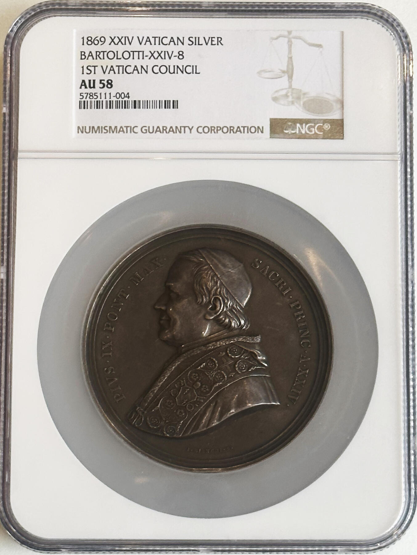 NGC-AU58 1869教皇国超大银章 大型190克 74毫米直径