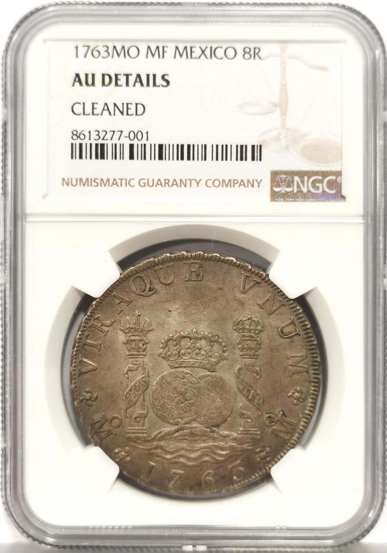 博洋堂“心向春光”2月精品大拍专场暨第160期（全场包邮） NGC AU 西属墨西哥1763年MO MF卡洛斯三世地球双柱8R，原味深打，感觉被错杀