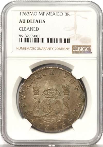博洋堂“心向春光”2月精品大拍专场暨第160期（全场包邮） - NGC AU 西属墨西哥1763年MO MF卡洛斯三世地球双柱8R，原味深打，感觉被错杀