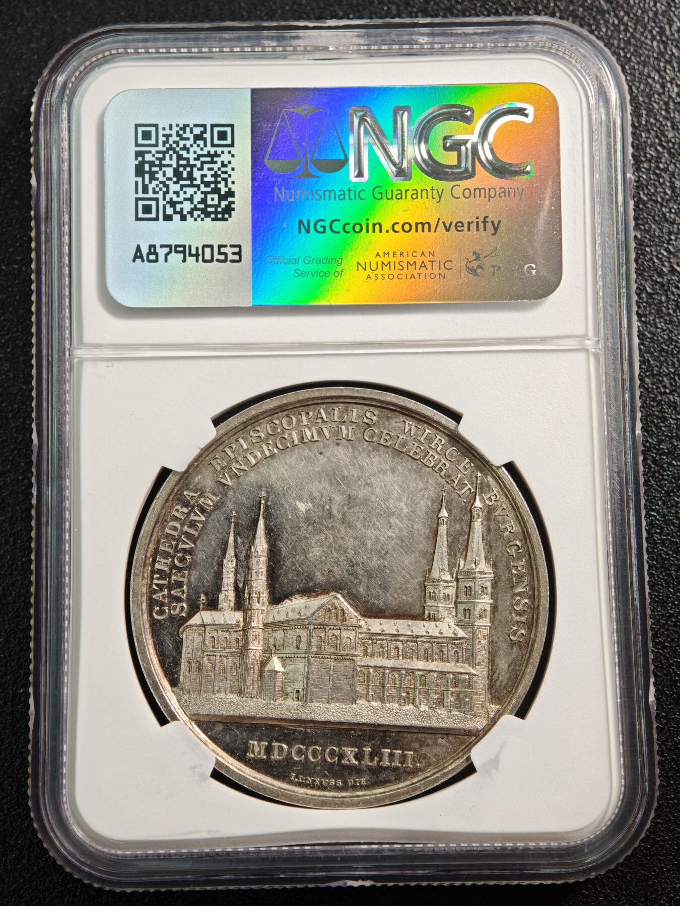 【德藏】世界币章拍卖第164期（拍品征集中~欢迎藏友联系） 1843年 德国维尔茨堡教区1100周年主教座堂纪念银章 NGC MS61