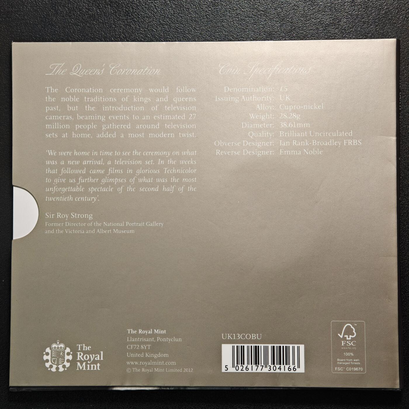 【德藏】世界币章拍卖第164期（拍品征集中~欢迎藏友联系） 2013年 英国伊丽莎白二世女王加冕60周年5英镑纪念镍币 原册 直径约：38.61mm；重约：28.28g