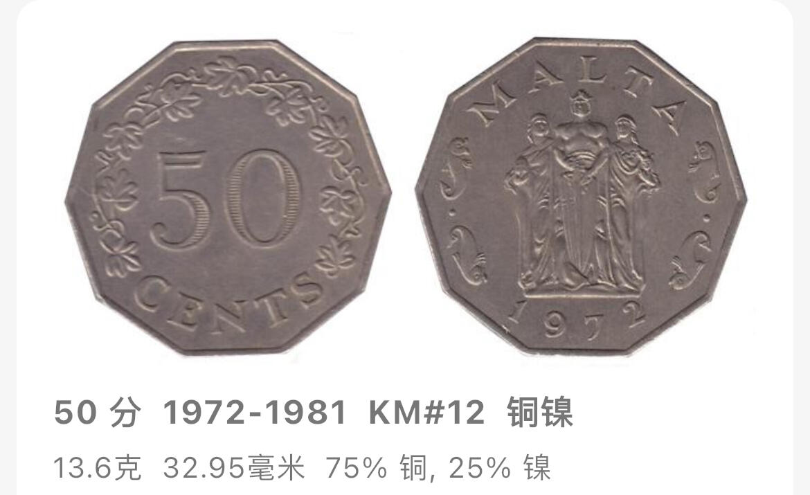 回流0207 马耳他1972年十边形硬币 三女神