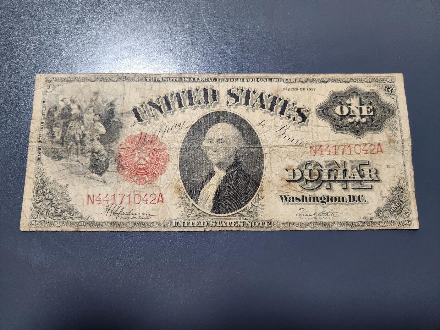 2月5号晚上8点 外国纸币自动截拍第18场 美国 1917年版 1元 政府券 (红库印) (华盛顿头像) 老版美元 稀少