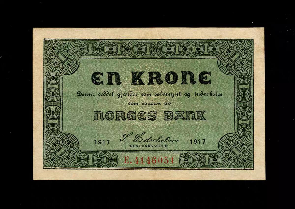 2月4号晚上8点 外国纸币自动截拍第17场 挪威 1 克朗 1917年 全新挺版微黄 稀少品种