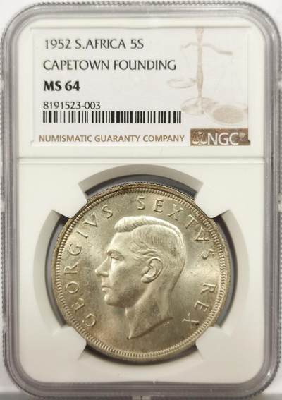 博洋堂“心向春光”2月精品大拍专场暨第160期（全场包邮） - NGC MS64 南非1952年发现开普敦建城300周年5先令银币，原汁原味老包浆，包浆醇厚又舒适，黄油转光细节优秀，状态佳。