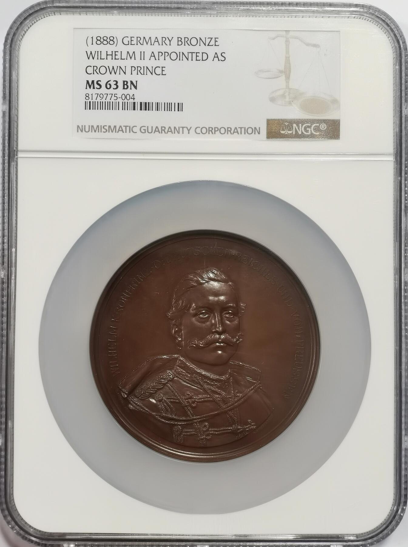 博洋堂“心向春光”2月精品大拍专场暨第160期（全场包邮） NGC MS63BN 德国1888年德皇弗里德里希三世立威廉二世为王储铜章，70mm