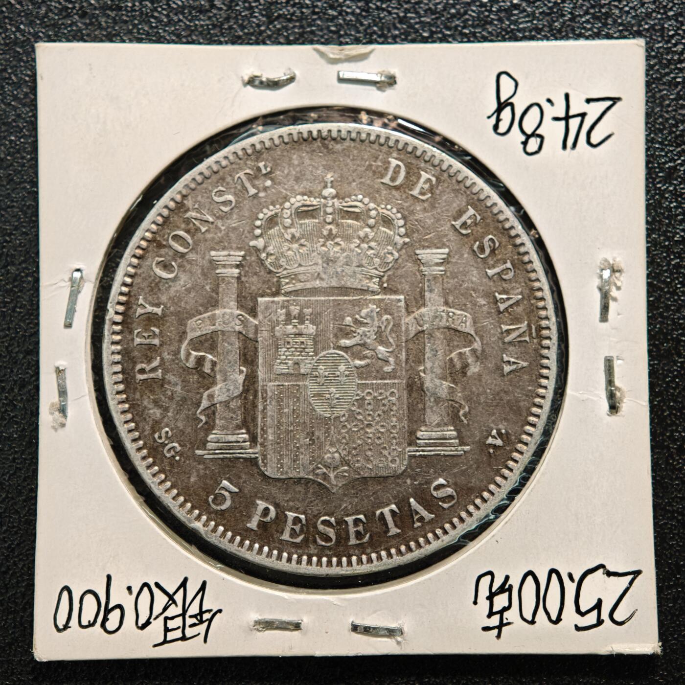 【德藏】世界币章拍卖第164期（拍品征集中~欢迎藏友联系） 老藏家集藏系列之-1898年 西班牙5比塞塔银币 900银 直径约：37.5mm；重约：25g 入册20余年·附有当年购入价