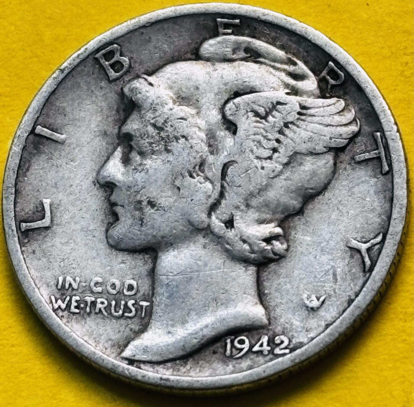 文馨钱币收藏第 293 场，春节前最后一期全部发出，将不予寄存，请悉知 1942 年美国墨丘利小飞人 10 美分银币 2.5 克 900 银