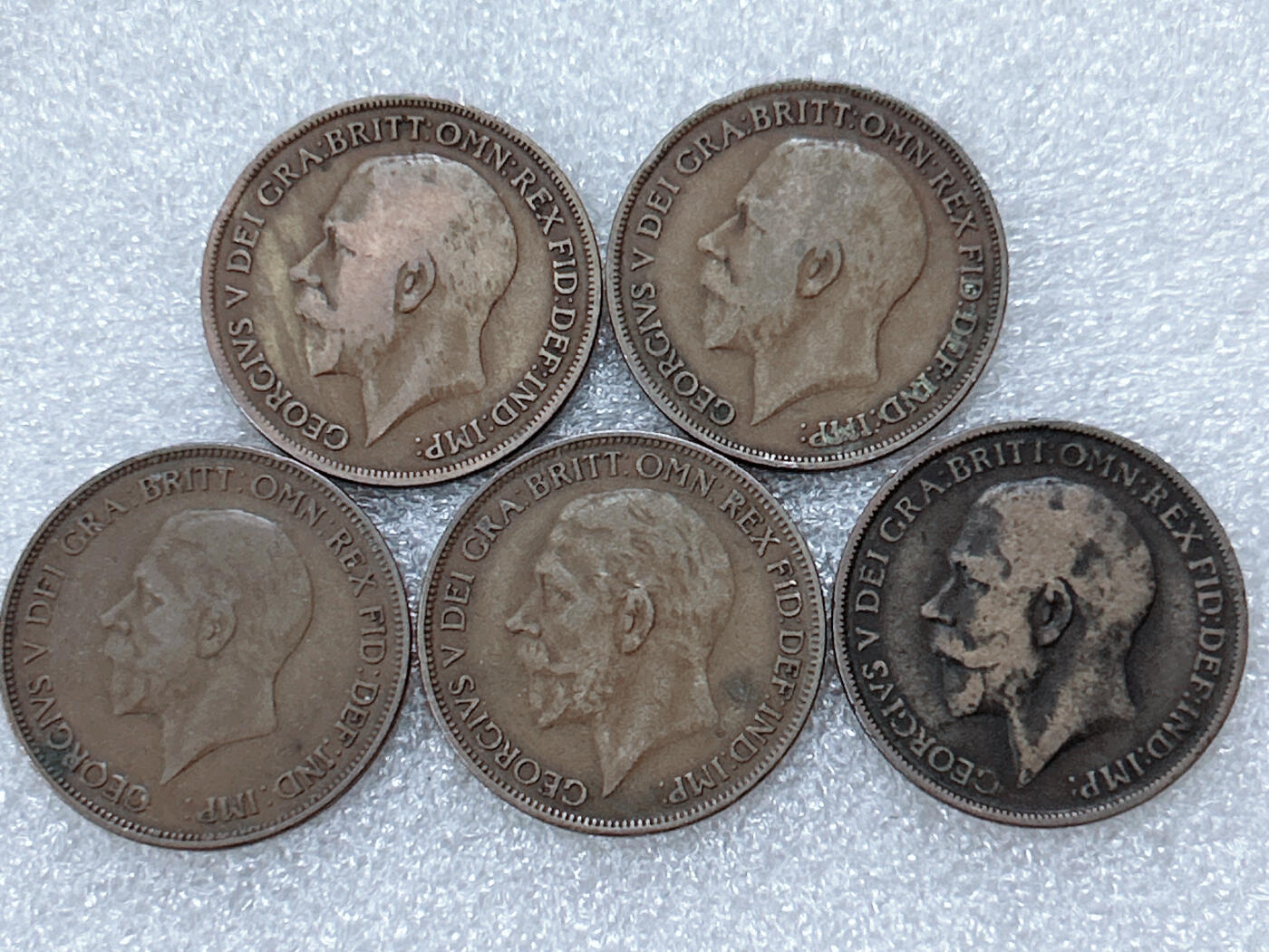 第一海外回流一元起拍收藏 散集专场  第299期 英国乔治五世1便士铜币5枚 大不列颠英国女神 