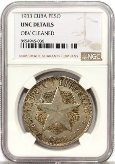 博洋堂“心向春光”2月精品大拍专场暨第160期（全场包邮） - NGC UNCD 古巴1933年五角星1比索银币，转光非常充沛，划痕少，ngc严评了