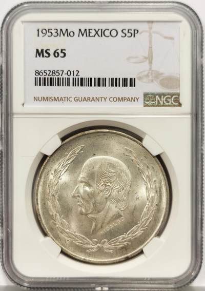 博洋堂“心向春光”2月精品大拍专场暨第160期（全场包邮） - NGC MS65 墨西哥1953年5比索大银币，车轮光好品，一步到位的好品相。