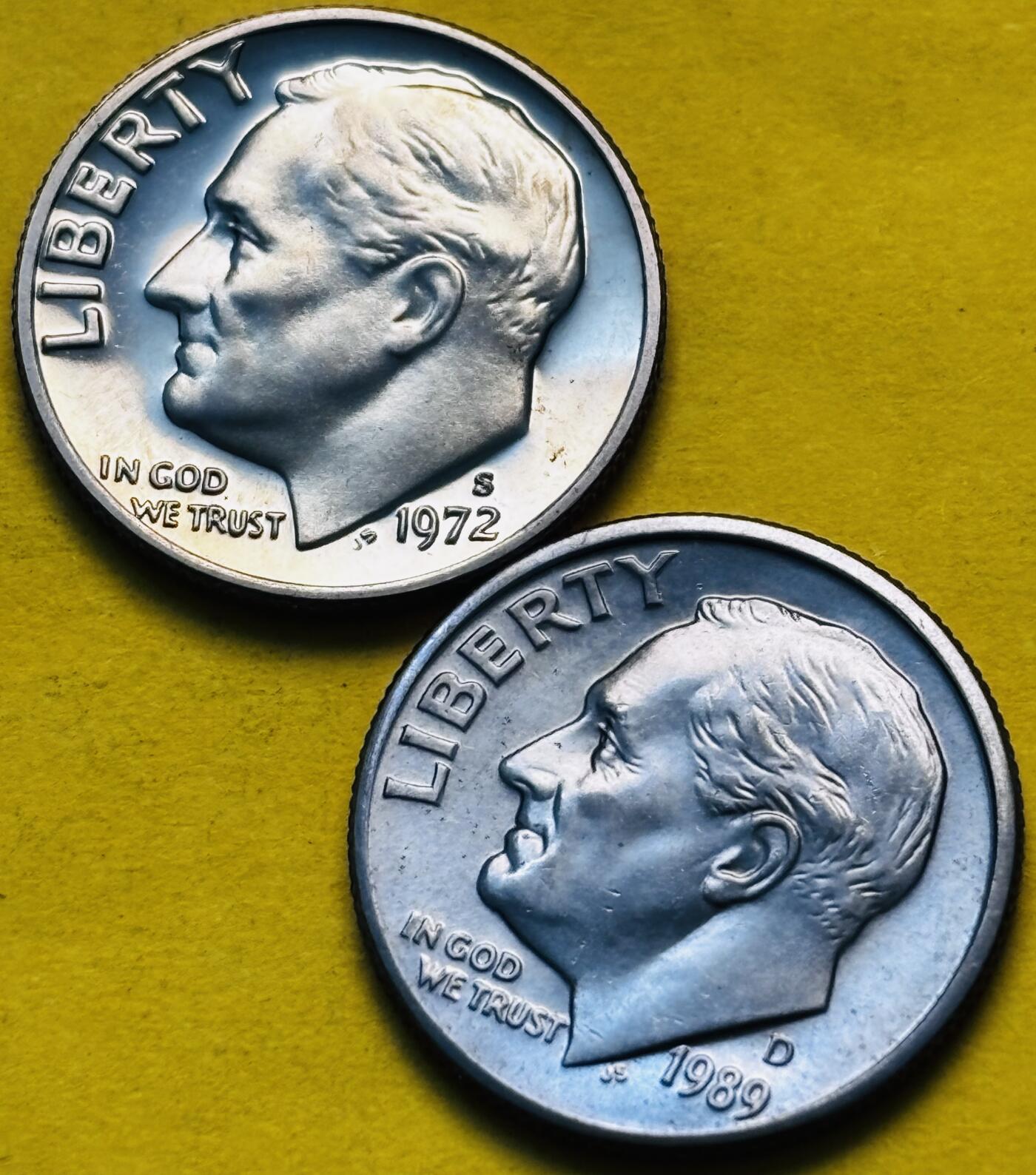 文馨钱币收藏第 293 场，春节前最后一期全部发出，将不予寄存，请悉知 1972/89 年美国罗斯福 10 美分 S，D 版，其中 1972 像是精制币，全新