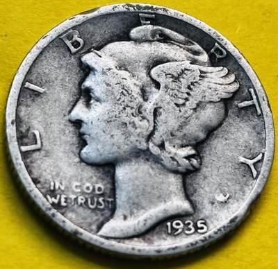 文馨钱币收藏第 293 场，春节前最后一期全部发出，将不予寄存，请悉知 - 1935 年美国墨丘利小飞人 10 美分银币 2.5 克 900 银