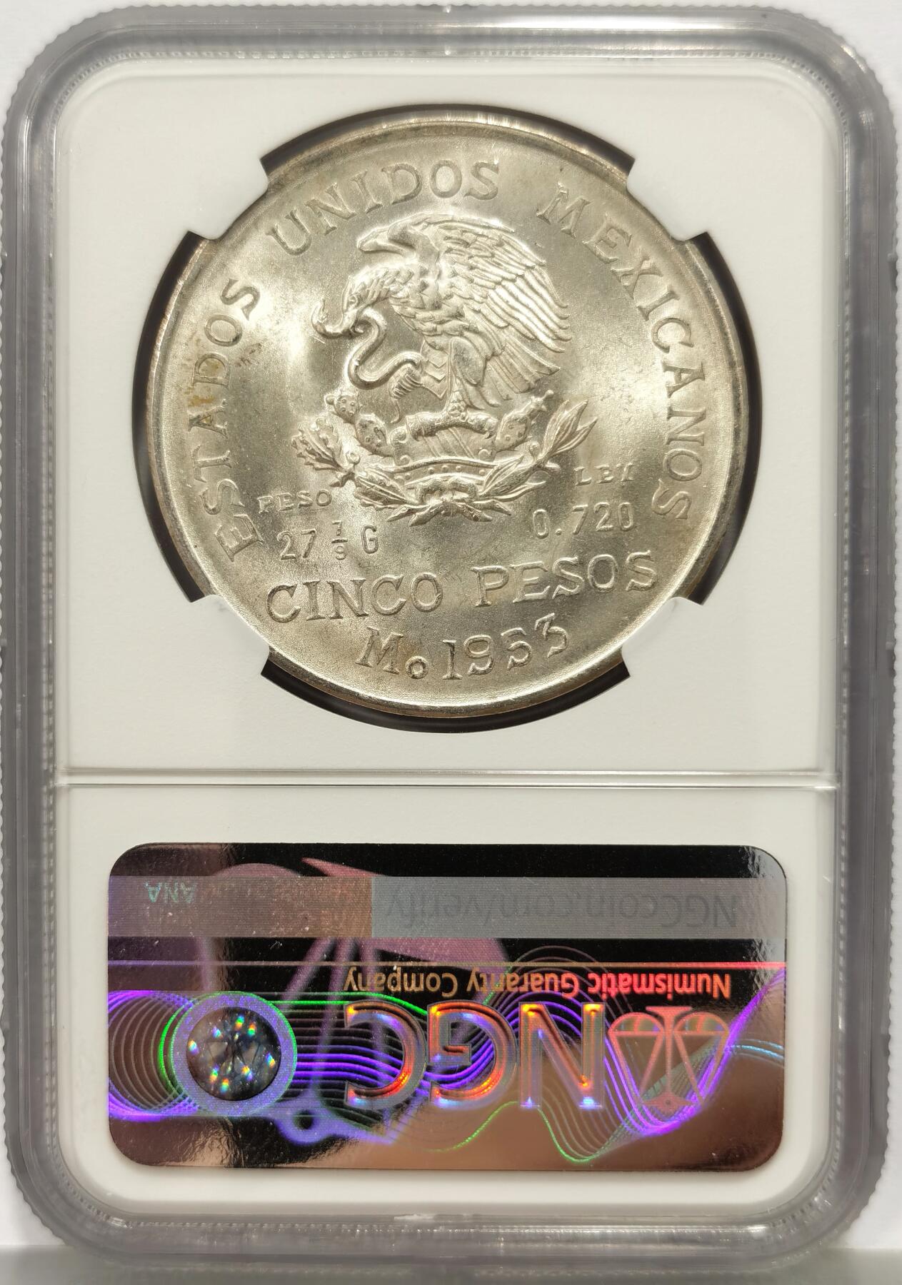 博洋堂“心向春光”2月精品大拍专场暨第160期（全场包邮） NGC MS65 墨西哥1953年5比索大银币，车轮光好品，一步到位的好品相。
