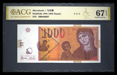 《艾美收藏》第231期-2.8周日外币精品(春节前收官)-世界最佳纸币特辑 - 马其顿1996首发年初版1000第纳尔爱藏评级67E 圣母玛利亚和耶稣 Pick#18a