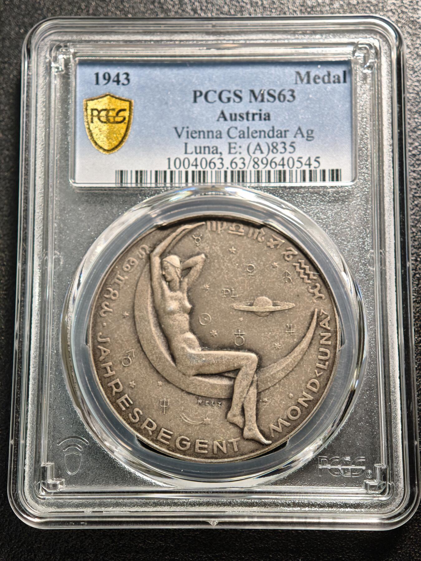 【德藏】世界币章拍卖第164期（拍品征集中~欢迎藏友联系） 1943年 德国民族社会主义工人党占领奥地利时期月亮女神日历银章 PCGS MS63