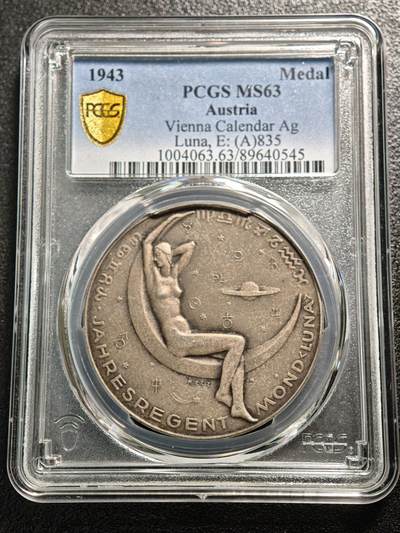 【德藏】世界币章拍卖第164期（拍品征集中~欢迎藏友联系） - 1943年 德国民族社会主义工人党占领奥地利时期月亮女神日历银章 PCGS MS63