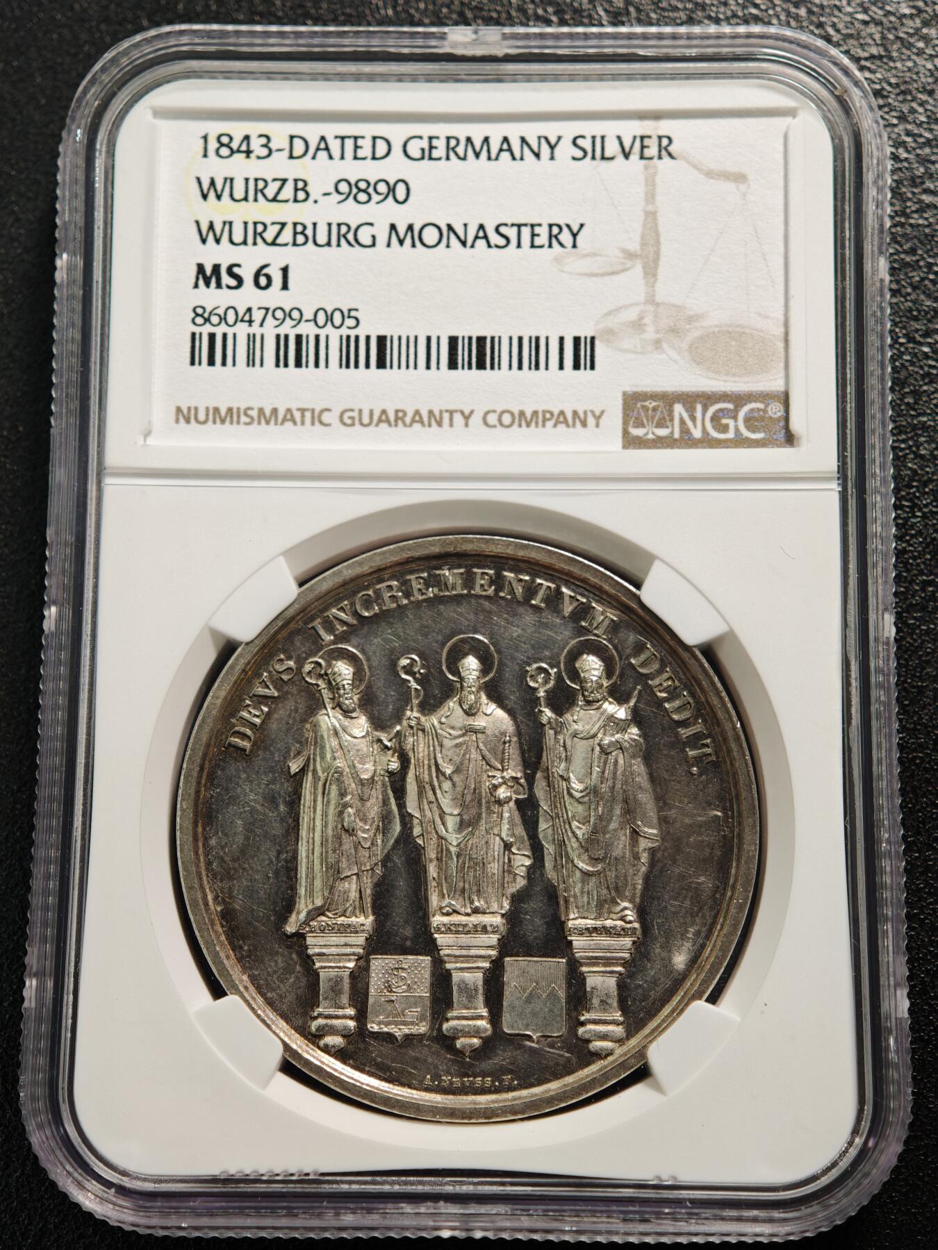 【德藏】世界币章拍卖第164期（拍品征集中~欢迎藏友联系） 1843年 德国维尔茨堡教区1100周年主教座堂纪念银章 NGC MS61
