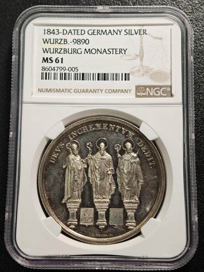 【德藏】世界币章拍卖第164期（拍品征集中~欢迎藏友联系） - 1843年 德国维尔茨堡教区1100周年主教座堂纪念银章 NGC MS61