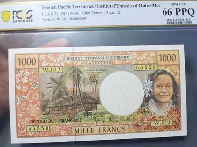 2月4号晚上8点 外国纸币自动截拍第17场 - PCGS66PPQ 法属太平洋1992年1000法郎 65559   瓦奥教堂小屋