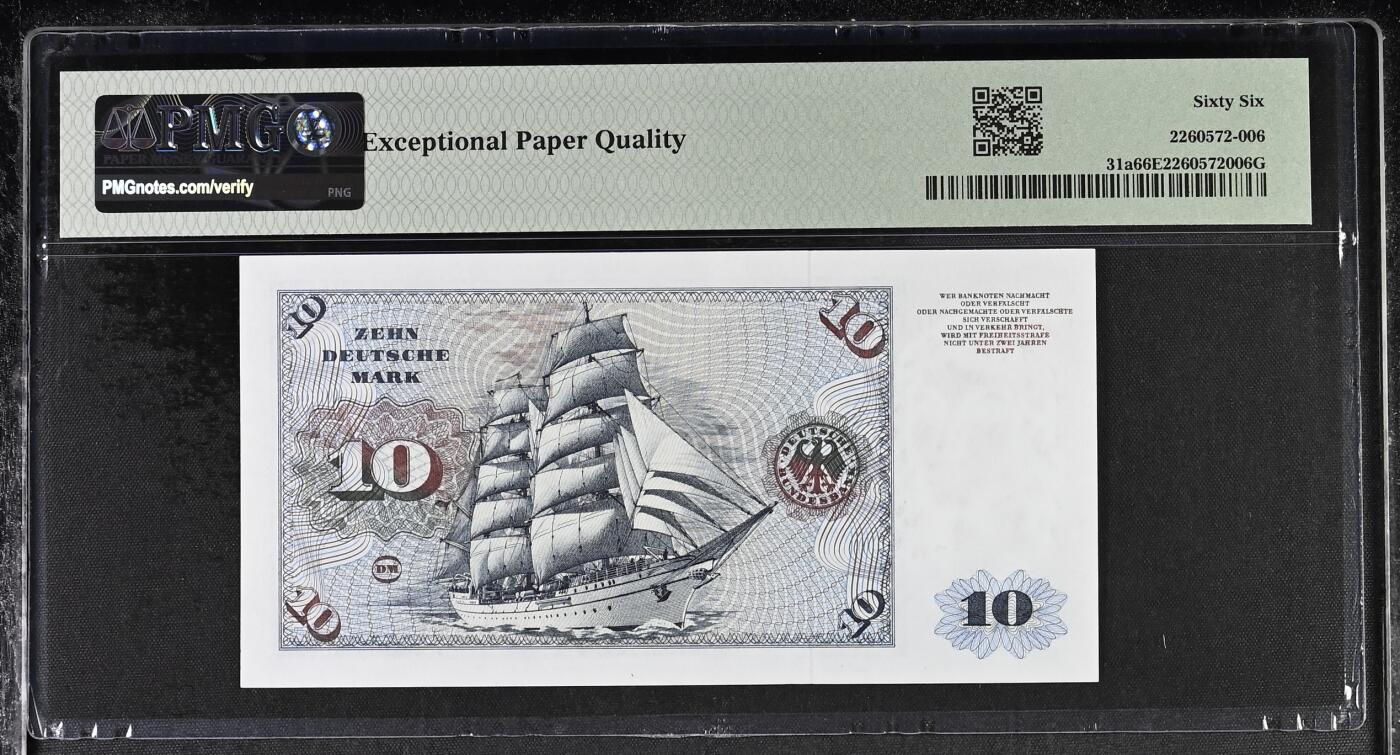 《艾美收藏》第231期-2.8周日外币精品(春节前收官)-世界最佳纸币特辑 德国1970年10马克PMG66E Pick#31a首签，正面德国画家阿尔布雷特·丢勒名画Young man，背面German Navy training ship 