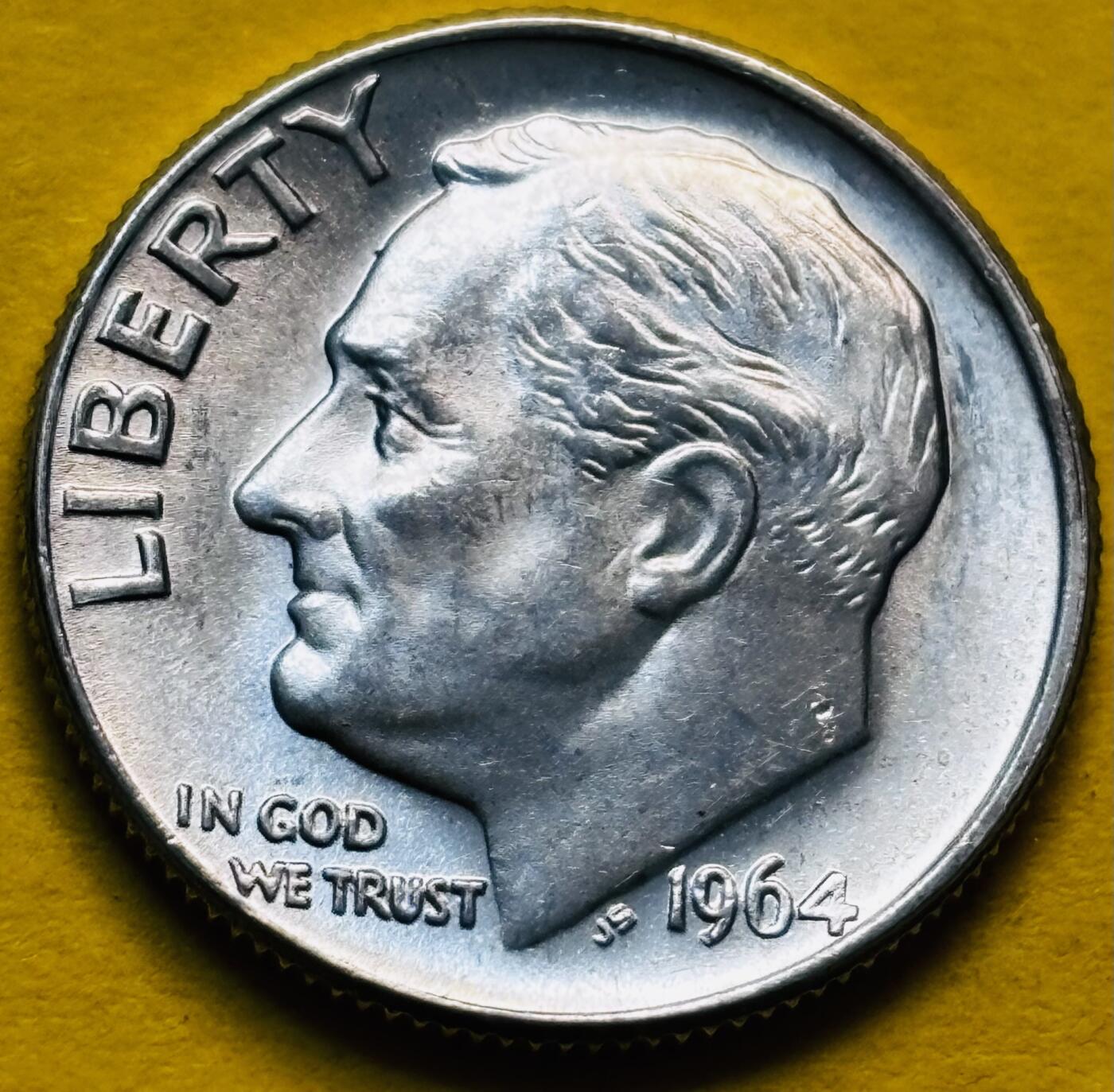 文馨钱币收藏第 293 场，春节前最后一期全部发出，将不予寄存，请悉知 原光好品 1964 年美国罗斯福 10 美分银币 D 版 2.5 克 900 银