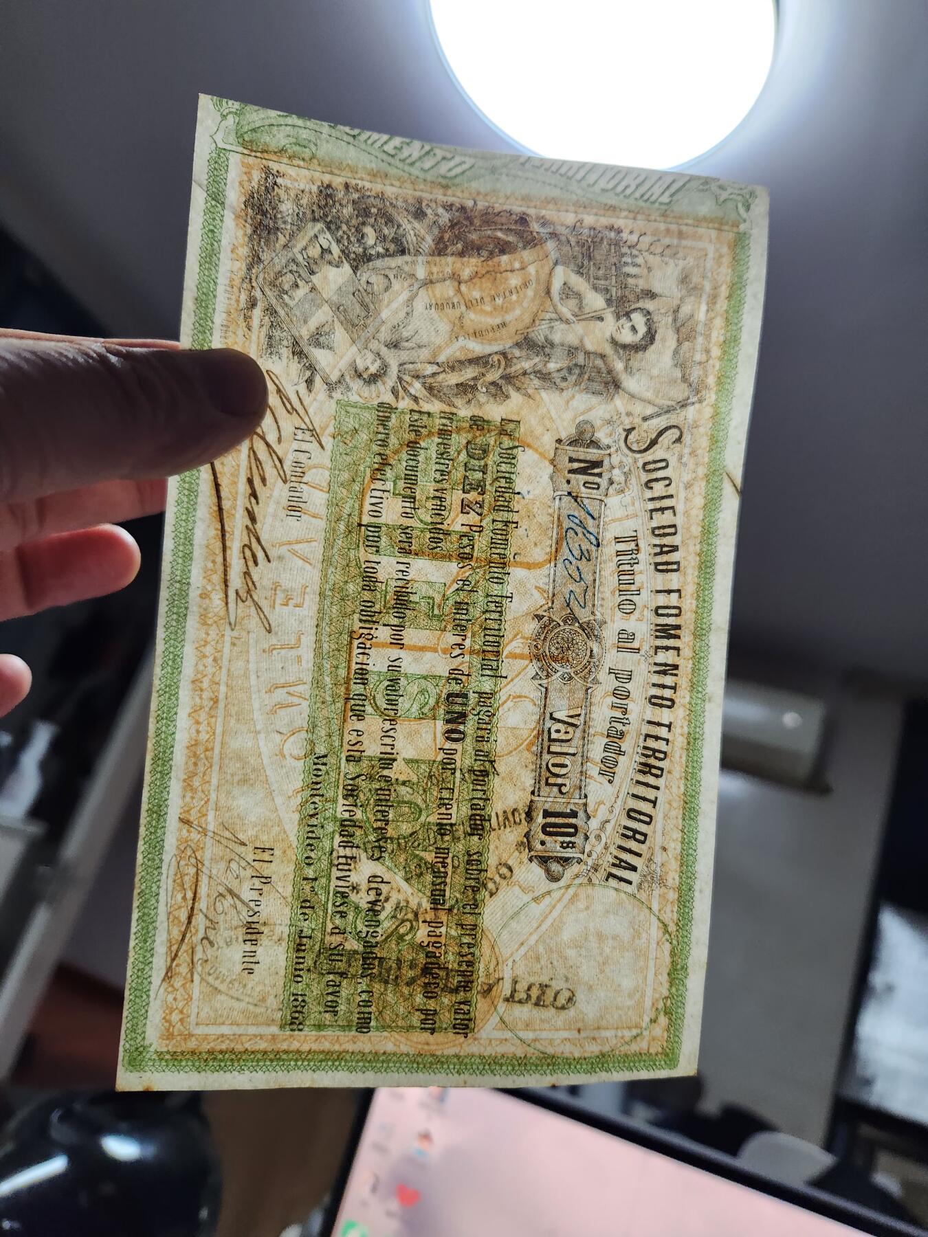 2月4号晚上8点 外国纸币自动截拍第17场 1868年 乌拉圭10比索 纸 大票幅 百年古钞 几乎全新