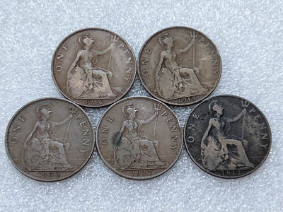 第一海外回流一元起拍收藏 散集专场  第299期 - 英国乔治五世1便士铜币5枚 大不列颠英国女神 