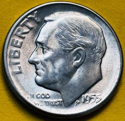 文馨钱币收藏第 293 场，春节前最后一期全部发出，将不予寄存，请悉知 - 原光好品 1955 年美国罗斯福 10 美分银币 S 版 2.5 克 900 银