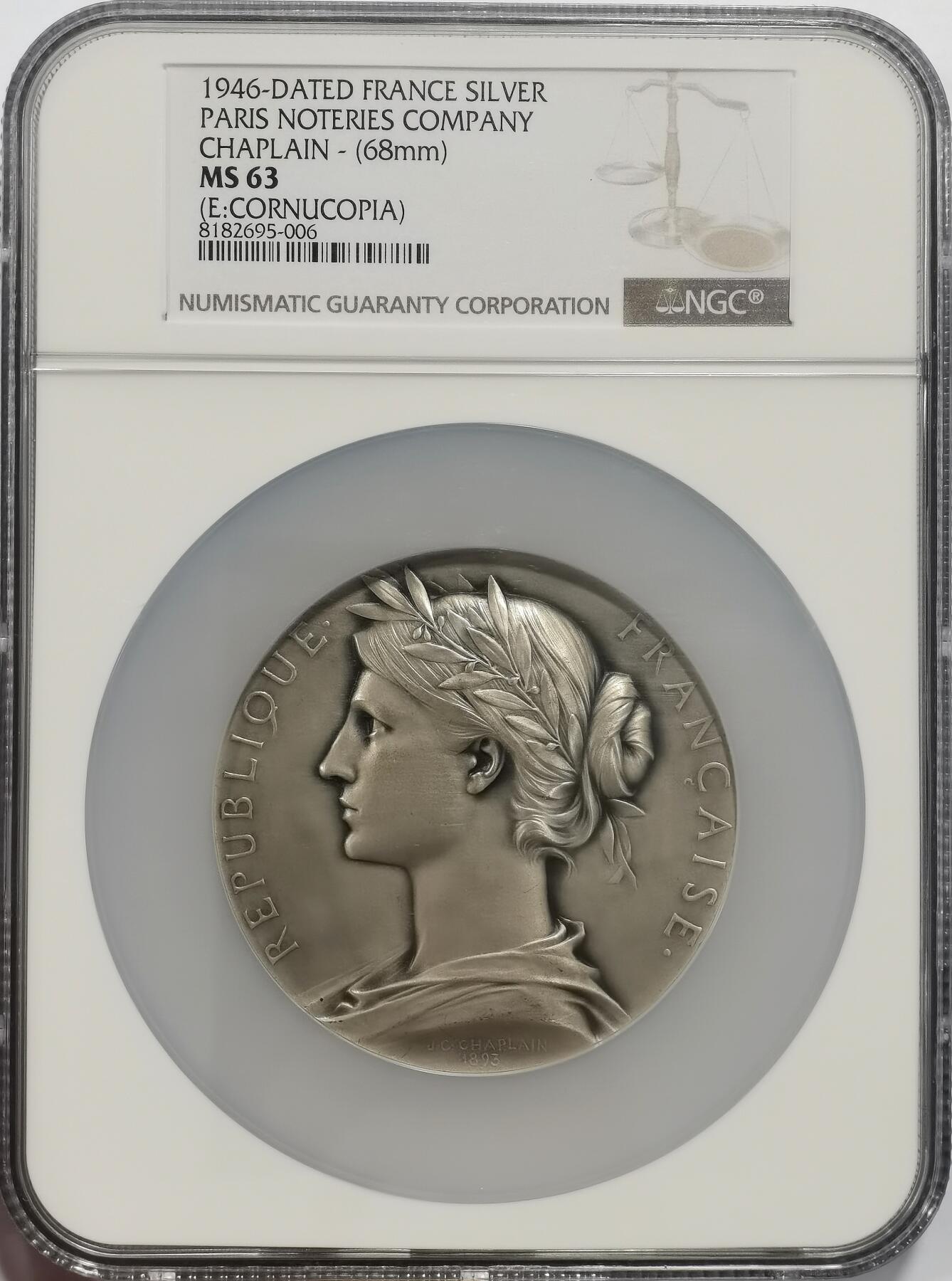 博洋堂“心向春光”2月精品大拍专场暨第160期（全场包邮） NGC MS63 法国1946年巴黎票据公司银章，68mm（大师沙普兰作品），纯银