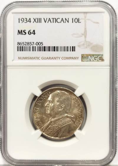 博洋堂“心向春光”2月精品大拍专场暨第160期（全场包邮） - NGC MS64 梵蒂冈1934年10里拉银币，极品欧洲彩，很漂亮的状态。