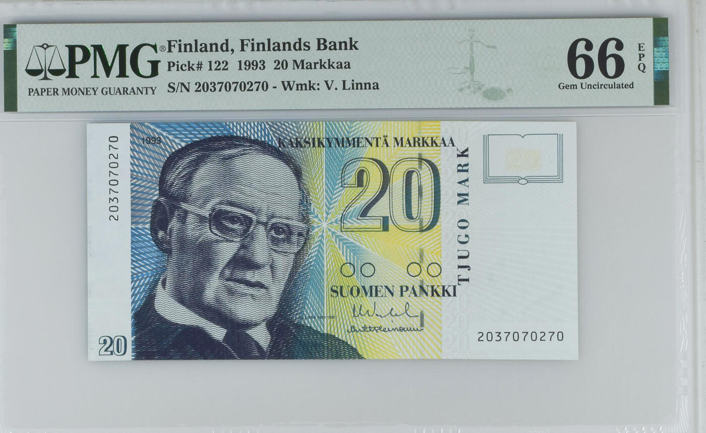 《艾美收藏》第231期-2.8周日外币精品(春节前收官)-世界最佳纸币特辑 芬兰1993年20马克PMG66E无4 难上分品种 芬兰作家 科学院院士瓦依诺·林纳 Pick#122